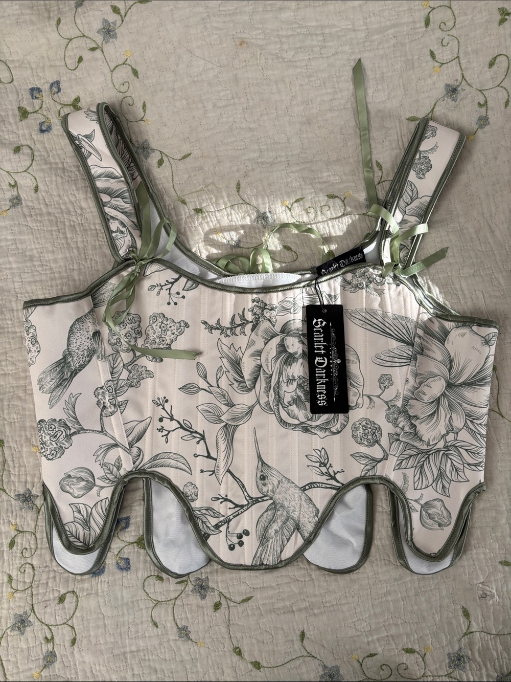 Scarlett Darkness Floral Corset Bustier Top Botanical Bird Print Goth
